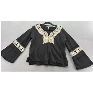 Free People Santa Maria Pullover Embroidered Bell Sleeve Black Boho Top Small